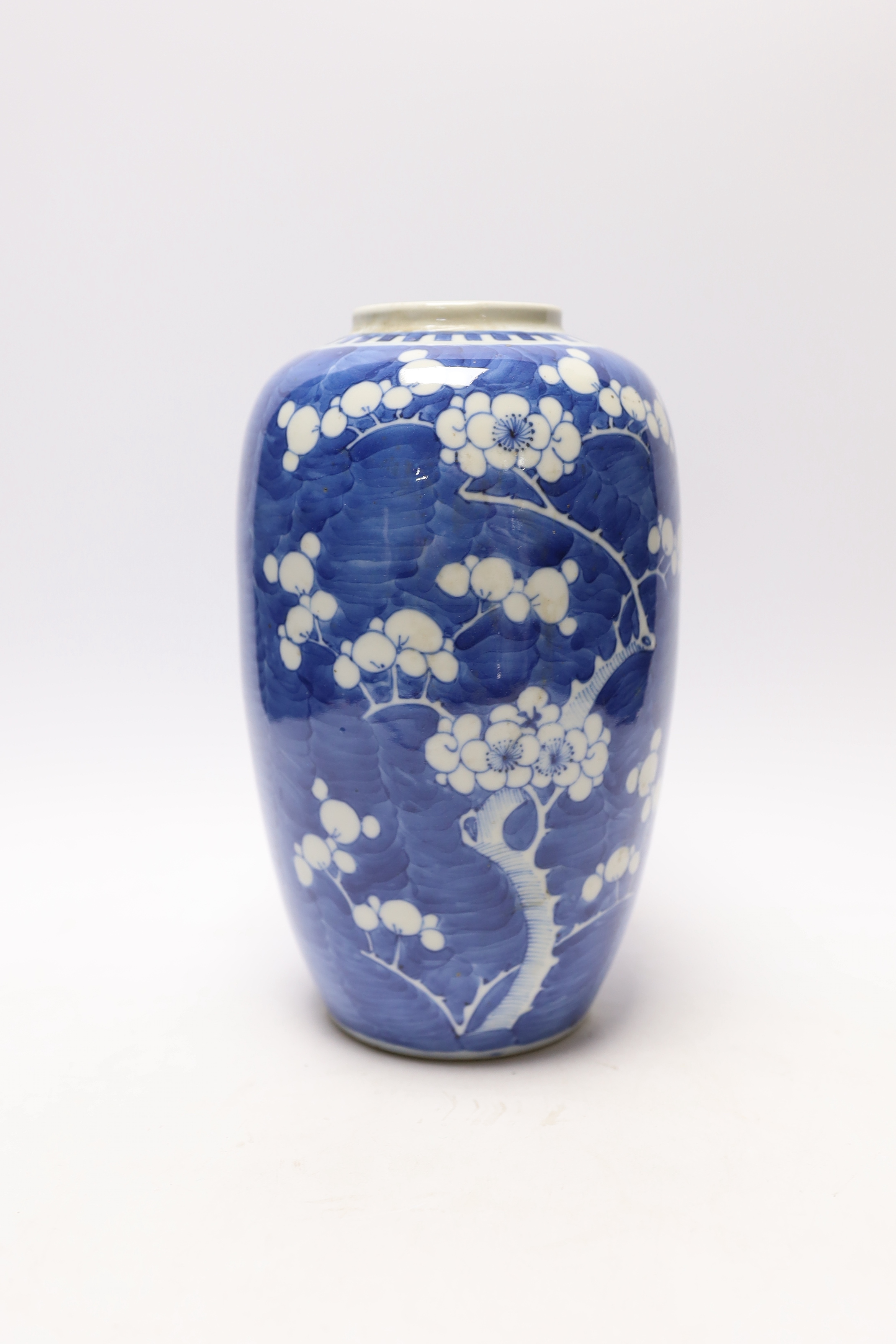 A Chinese blue and white 'prunus' ovoid jar, 19th century, 24cm high